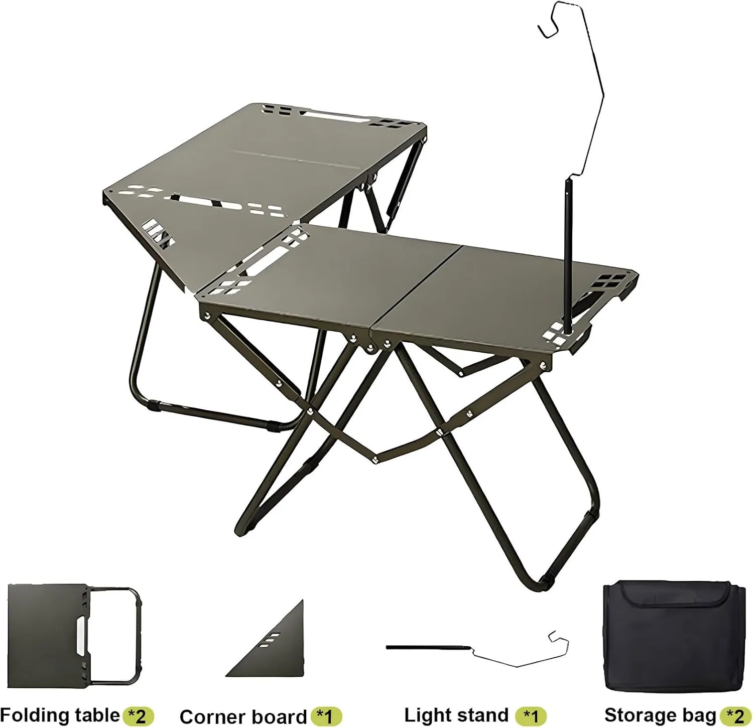 Portable Tables Folding 2pcs, Carbon Steel Folding Picnic Table with Corner Plate   Light Stand   Storage Bag, DIY Combination Camping Grill Table for Indoor and Outdoor Use, Green