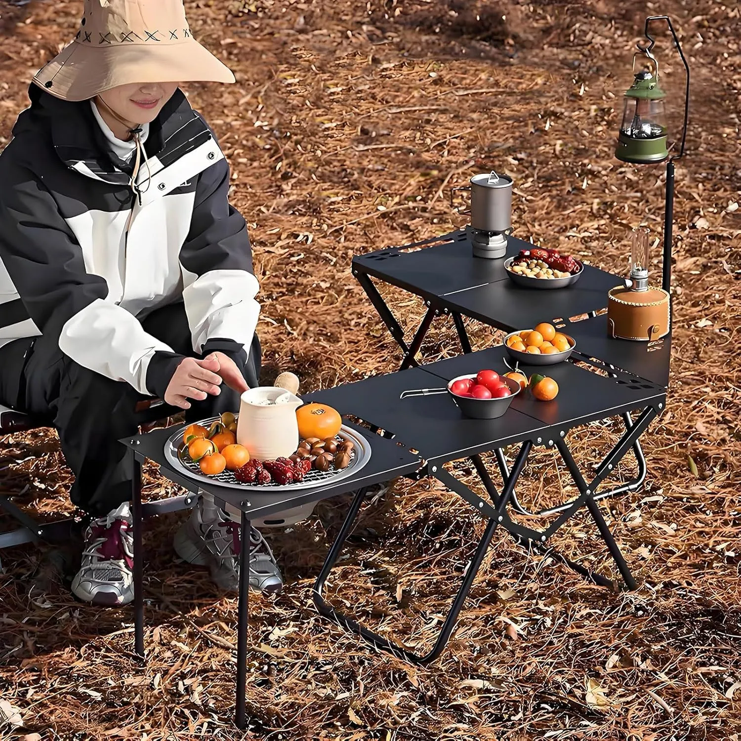 Portable Tables Folding 2pcs, Carbon Steel Folding Picnic Table with Corner Plate   Light Stand   Storage Bag, DIY Combination Camping Grill Table for Indoor and Outdoor Use, Green