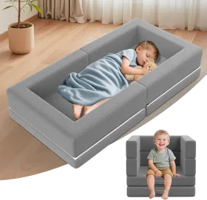 Portable Toddler Travel Bed: Foldable & Soft - 3-in-1 Convertible Portable Folding Floor Bed with Washable Cloth Cover - Ideal for Vacation,Camping and Sleepover（Grey）