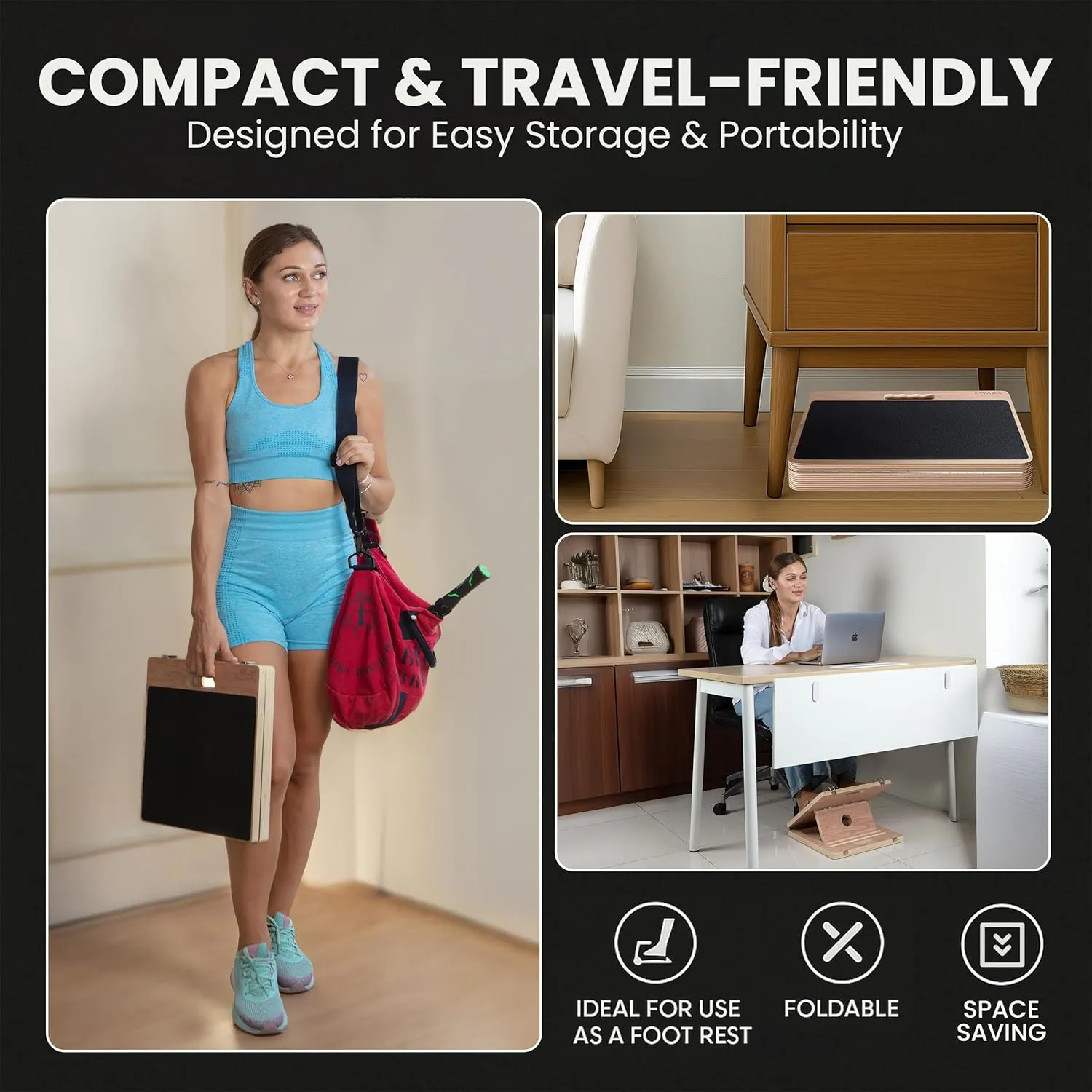 Portable Wooden Slant Board for Calf Stretching - Eucalyptus Plywood Calf Stretcher Slant Board with Muscle Roller Stick for Squats and Exercise (14x14 inches & 14x17 inches) [Black & Natural Brown]