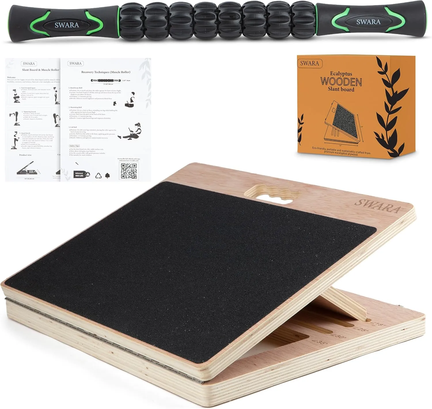 Portable Wooden Slant Board for Calf Stretching - Eucalyptus Plywood Calf Stretcher Slant Board with Muscle Roller Stick for Squats and Exercise (14x14 inches & 14x17 inches) [Black & Natural Brown]