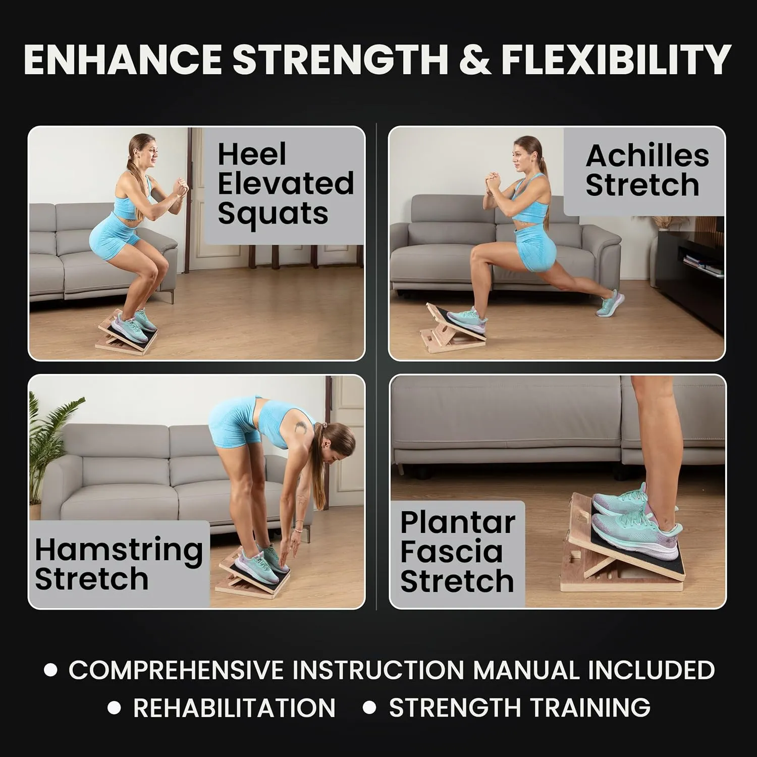 Portable Wooden Slant Board for Calf Stretching - Eucalyptus Plywood Calf Stretcher Slant Board with Muscle Roller Stick for Squats and Exercise (14x14 inches & 14x17 inches) [Black & Natural Brown]