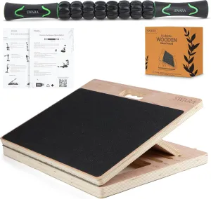 Portable Wooden Slant Board for Calf Stretching - Eucalyptus Plywood Calf Stretcher Slant Board with Muscle Roller Stick for Squats and Exercise (14x14 inches & 14x17 inches) [Black & Natural Brown]