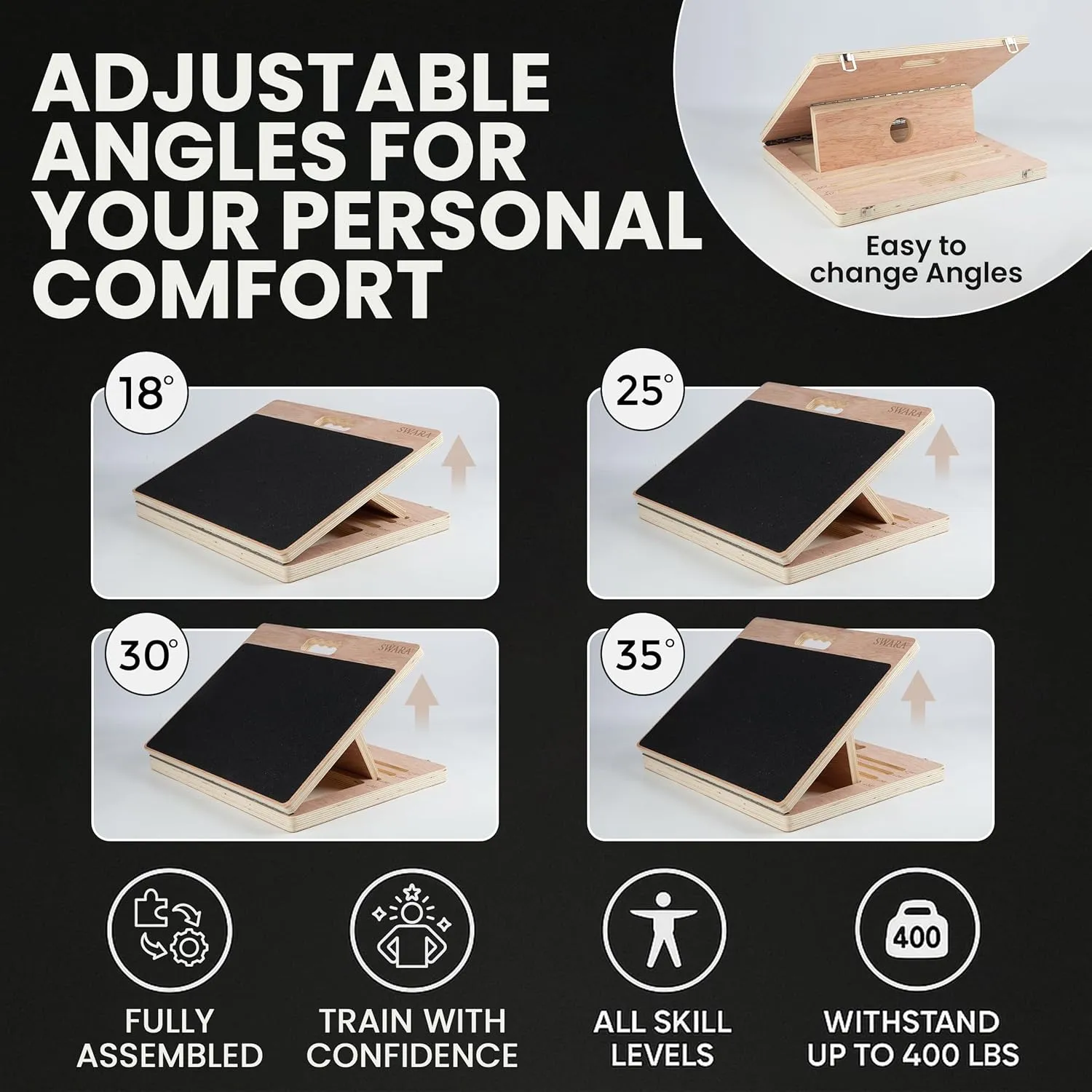 Portable Wooden Slant Board for Calf Stretching - Eucalyptus Plywood Calf Stretcher Slant Board with Muscle Roller Stick for Squats and Exercise (14x14 inches & 14x17 inches) [Black & Natural Brown]