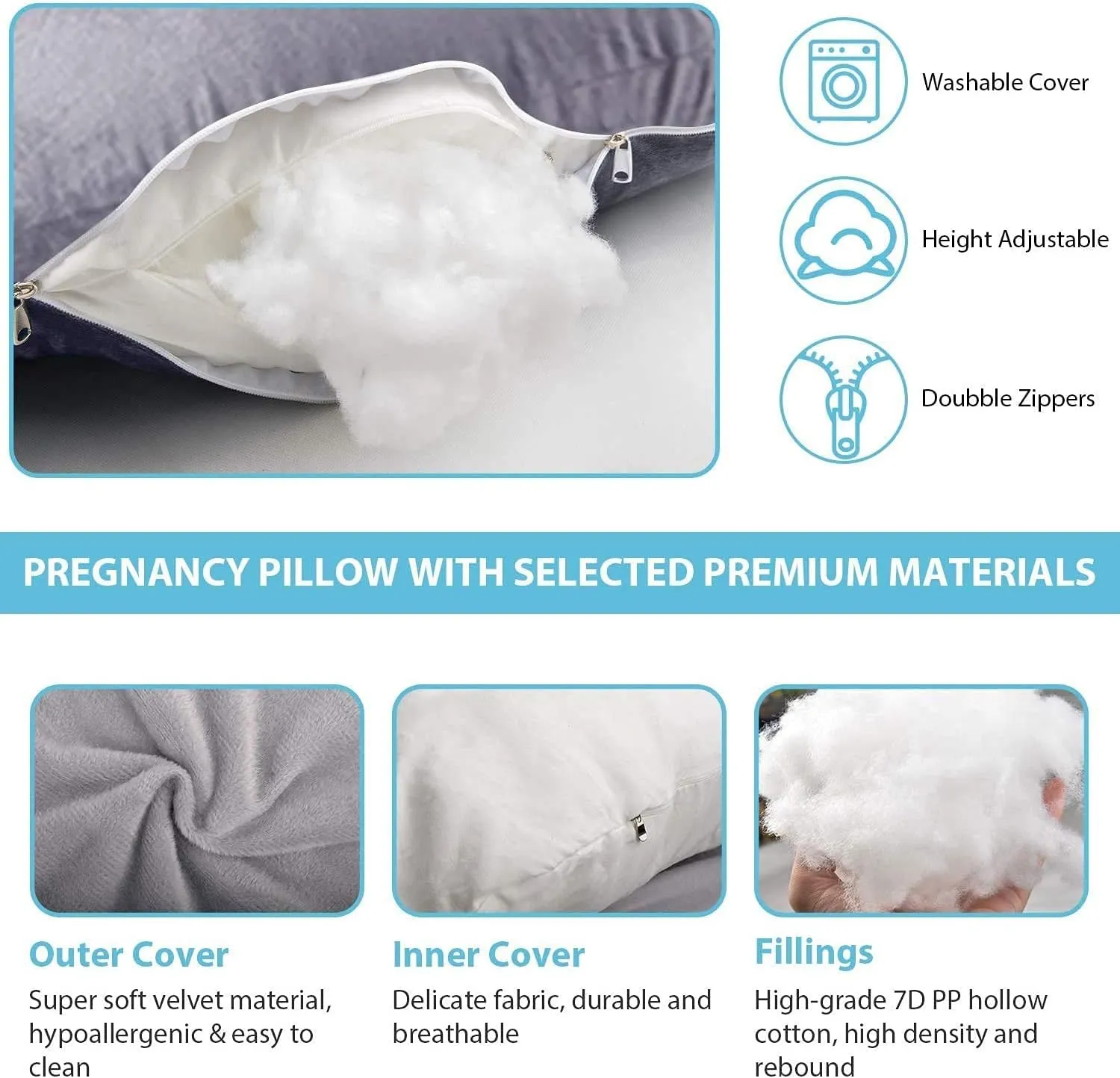 Pregnancy Pillow J-Shaped Full Body Pillow, 59 inch with Velvet Cover Easy to Remove and Wash, Support Pregnant Women's Backs Legs and HIPS, Improve Sleep,Pregnancy Pillow for Women ，Gray