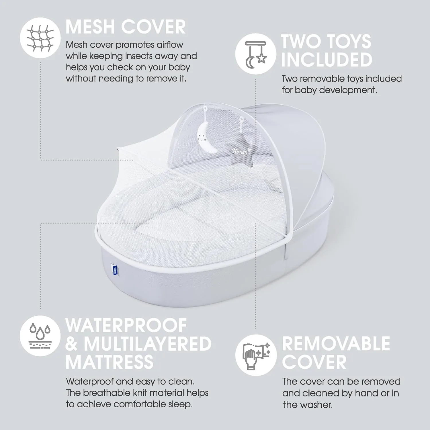 Premium Portable Baby Lounger Nest – Foldable Travel Bassinet for Newborn & Infant with Mesh Canopy, 2 Toys, Waterproof Mattress & Removable Cover – Gray