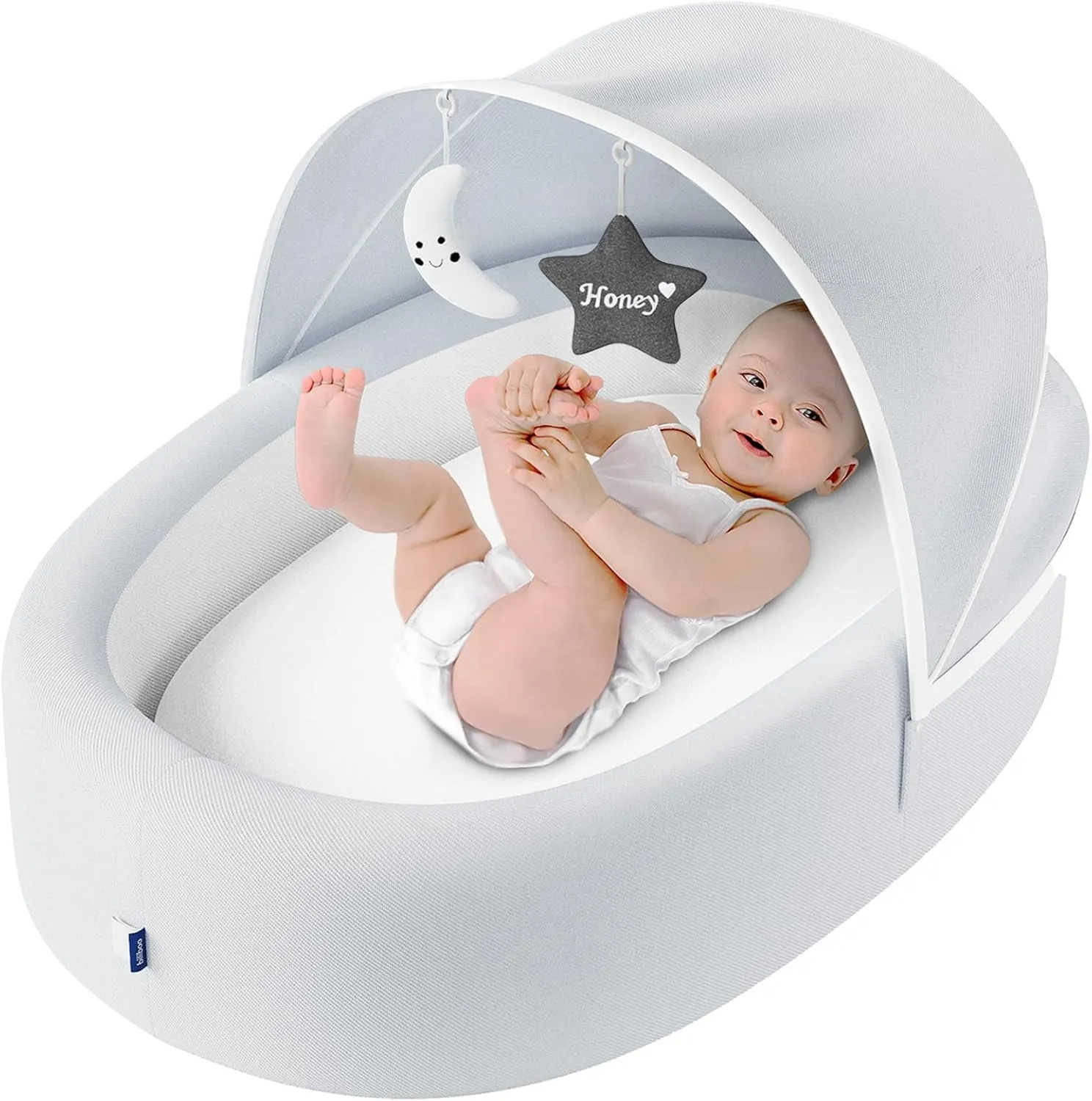 Premium Portable Baby Lounger Nest – Foldable Travel Bassinet for Newborn & Infant with Mesh Canopy, 2 Toys, Waterproof Mattress & Removable Cover – Gray