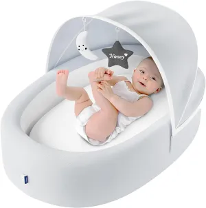 Premium Portable Baby Lounger Nest – Foldable Travel Bassinet for Newborn & Infant with Mesh Canopy, 2 Toys, Waterproof Mattress & Removable Cover – Gray