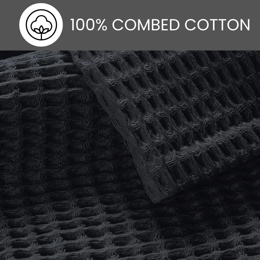 Prewashed Waffle Blanket 100% Combed Cotton - Soft, Lightweight, and Breathable - All-Season Cozy Blanket for Bed, Couch, or Sofa - 90"x90" Queen Size Thermal Throw Blanket Charcoal Grey