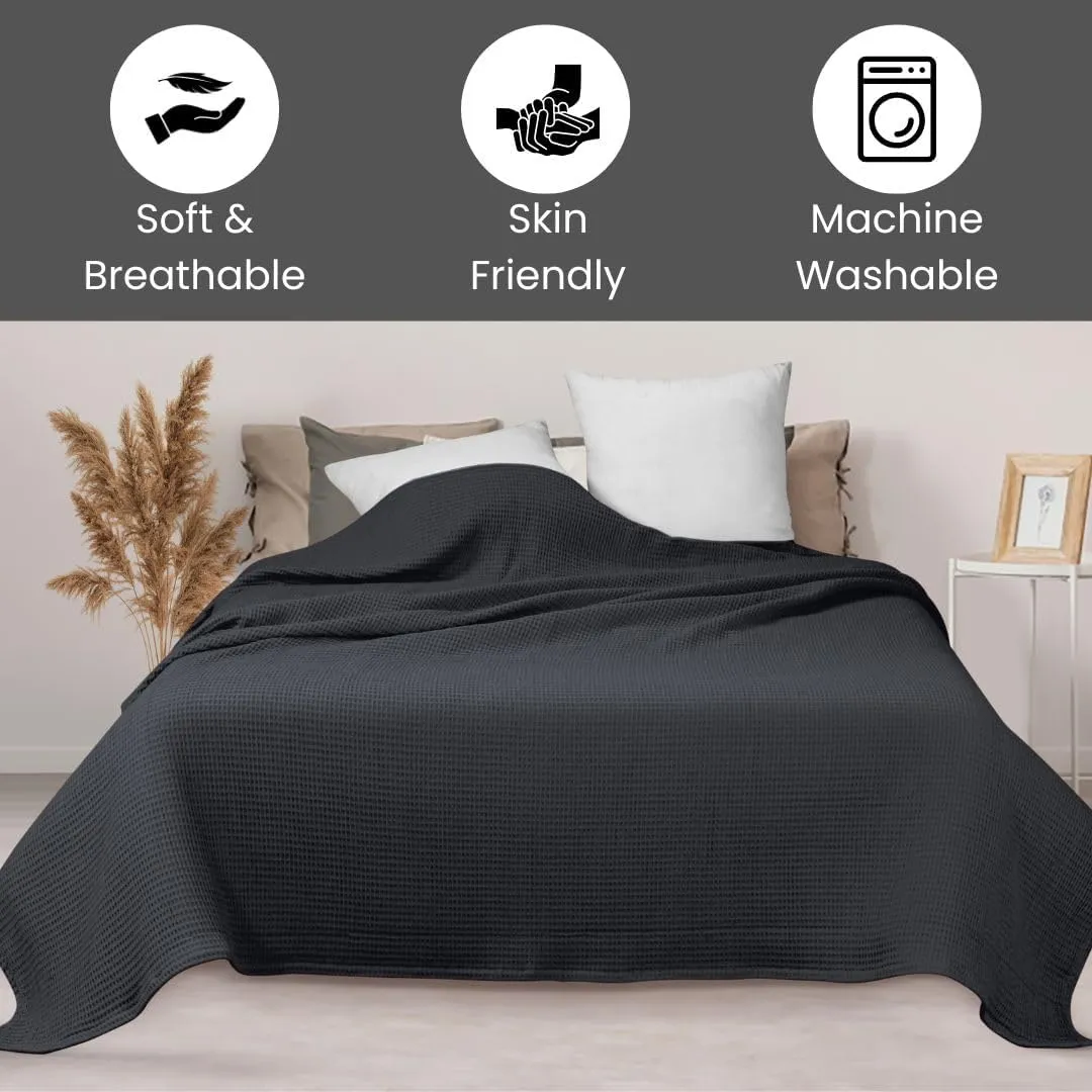Prewashed Waffle Blanket 100% Combed Cotton - Soft, Lightweight, and Breathable - All-Season Cozy Blanket for Bed, Couch, or Sofa - 90"x90" Queen Size Thermal Throw Blanket Charcoal Grey