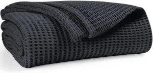 Prewashed Waffle Blanket 100% Combed Cotton - Soft, Lightweight, and Breathable - All-Season Cozy Blanket for Bed, Couch, or Sofa - 90"x90" Queen Size Thermal Throw Blanket Charcoal Grey
