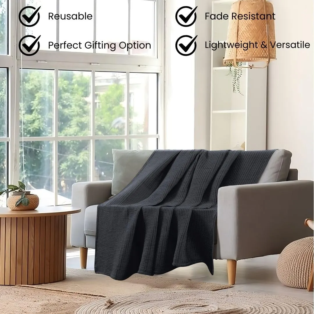 Prewashed Waffle Blanket 100% Combed Cotton - Soft, Lightweight, and Breathable - All-Season Cozy Blanket for Bed, Couch, or Sofa - 90"x90" Queen Size Thermal Throw Blanket Charcoal Grey