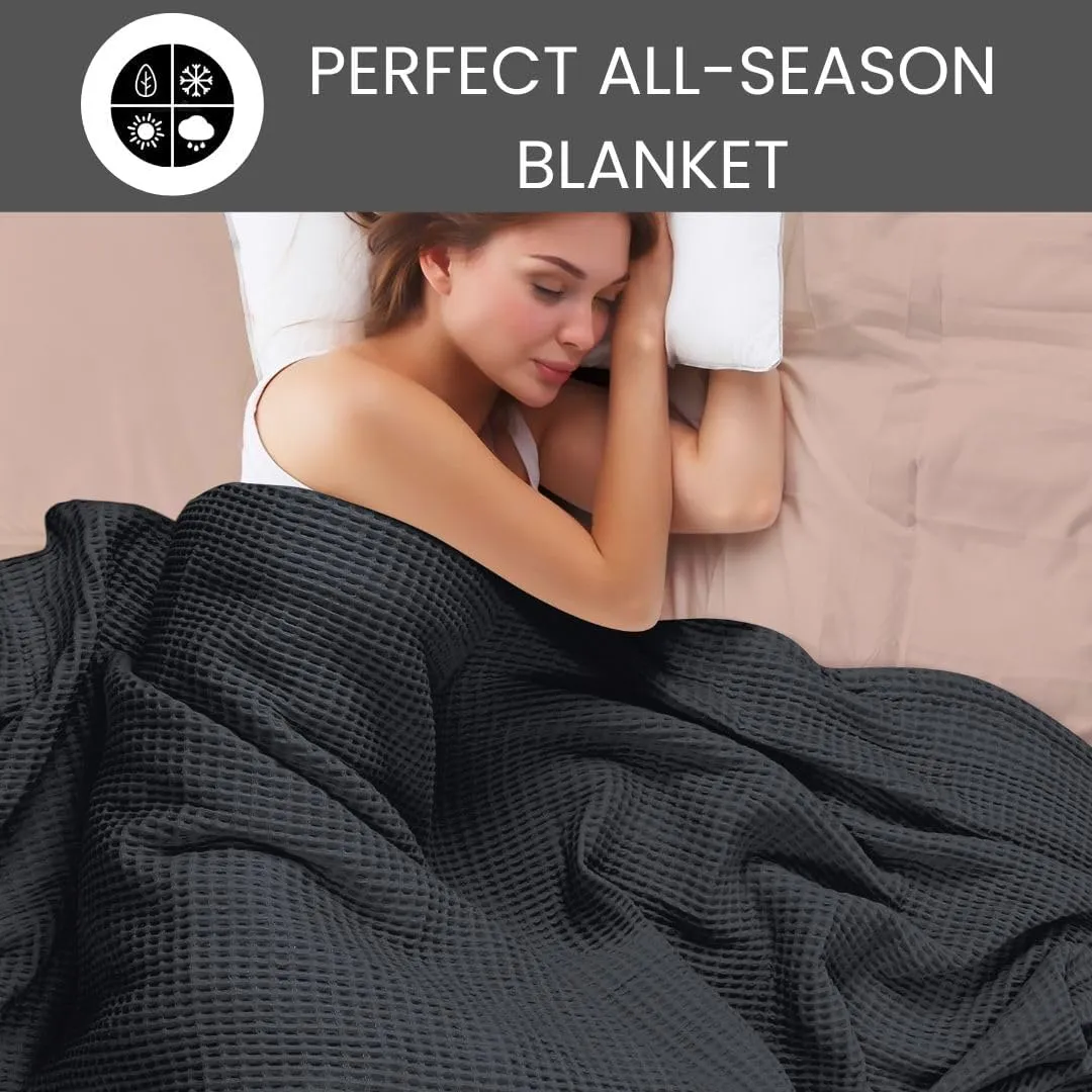 Prewashed Waffle Blanket 100% Combed Cotton - Soft, Lightweight, and Breathable - All-Season Cozy Blanket for Bed, Couch, or Sofa - 90"x90" Queen Size Thermal Throw Blanket Charcoal Grey