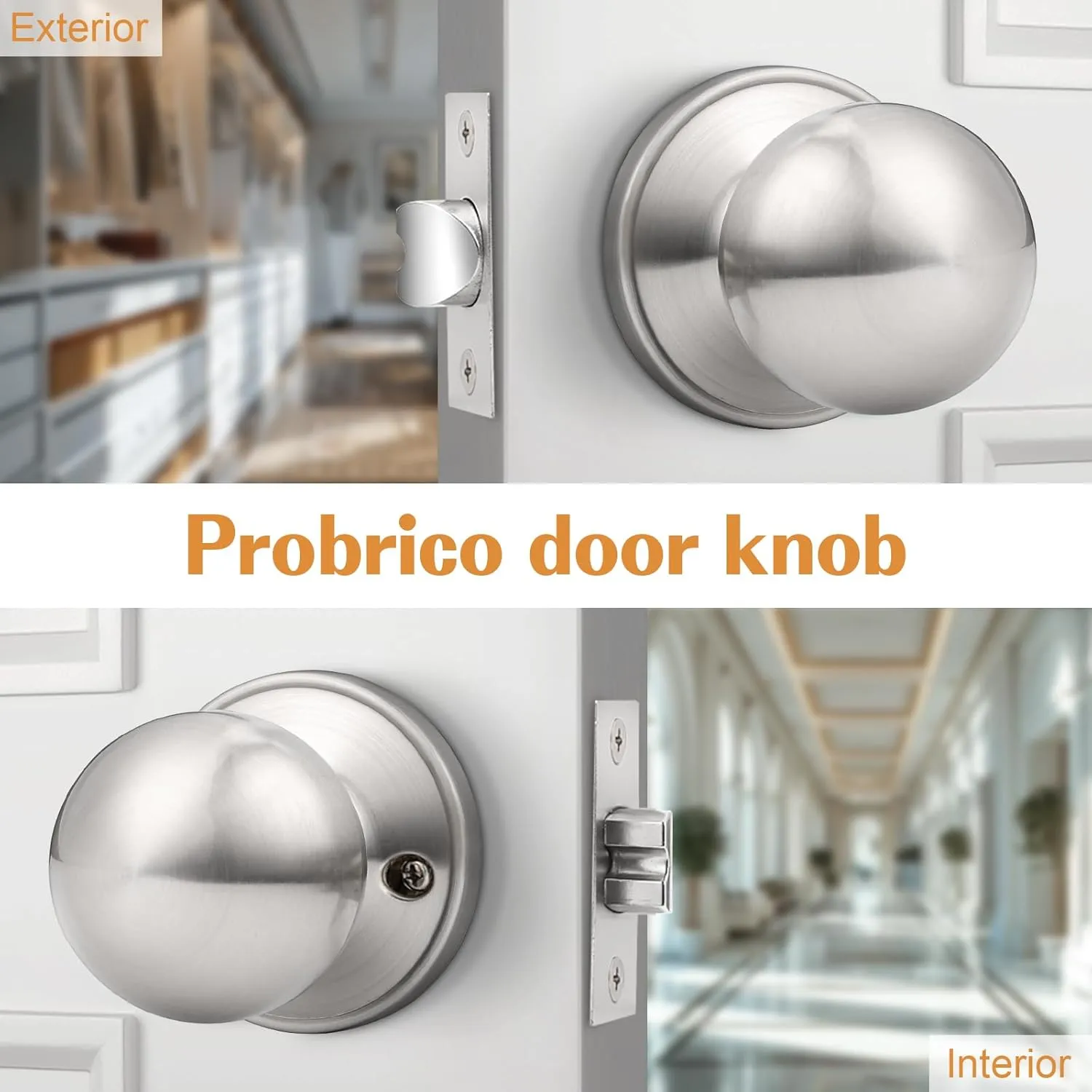 Probrico Interior Passage Door Knobs, Brushed Nickel Door Knob for Closet and Hallway Doors, Non-Locking Door Knobs 5 Pack