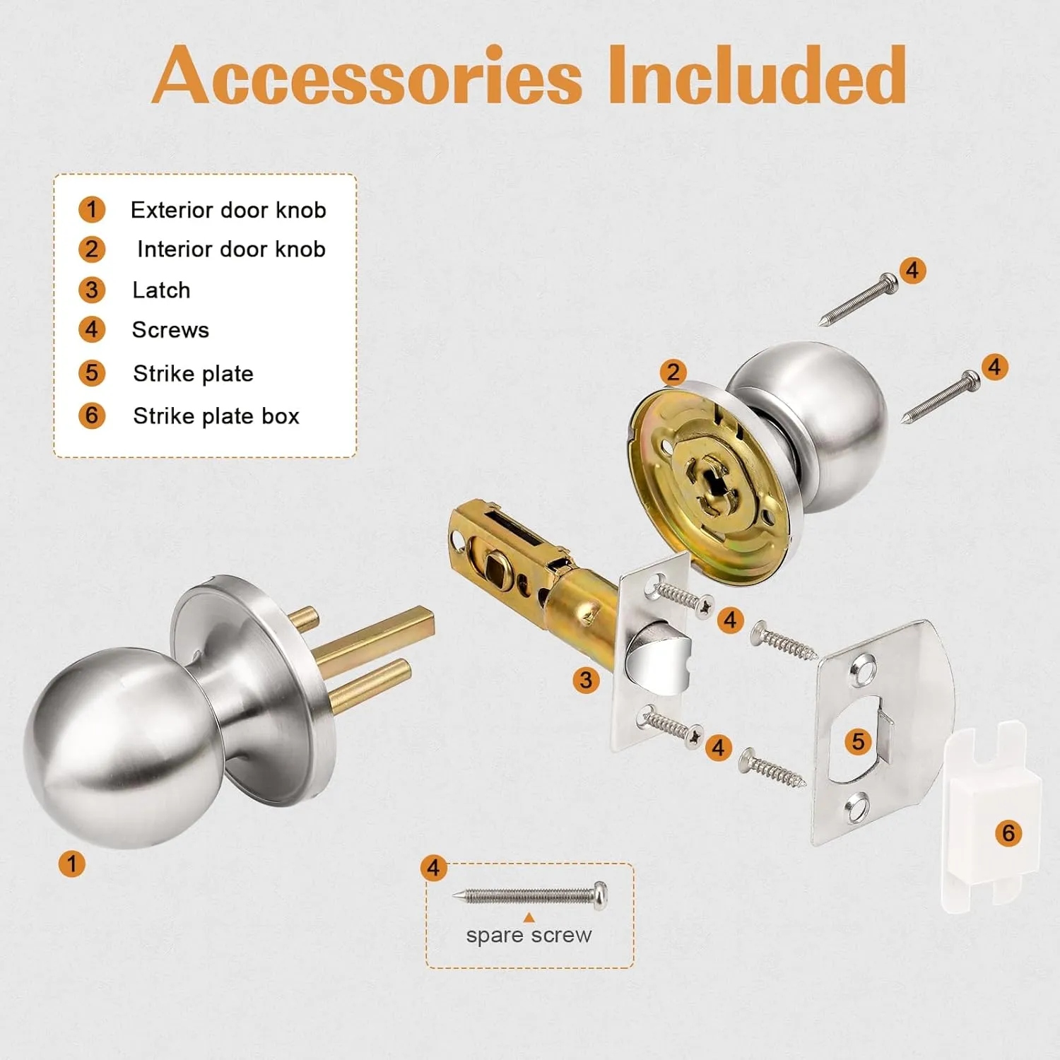 Probrico Interior Passage Door Knobs, Brushed Nickel Door Knob for Closet and Hallway Doors, Non-Locking Door Knobs 5 Pack