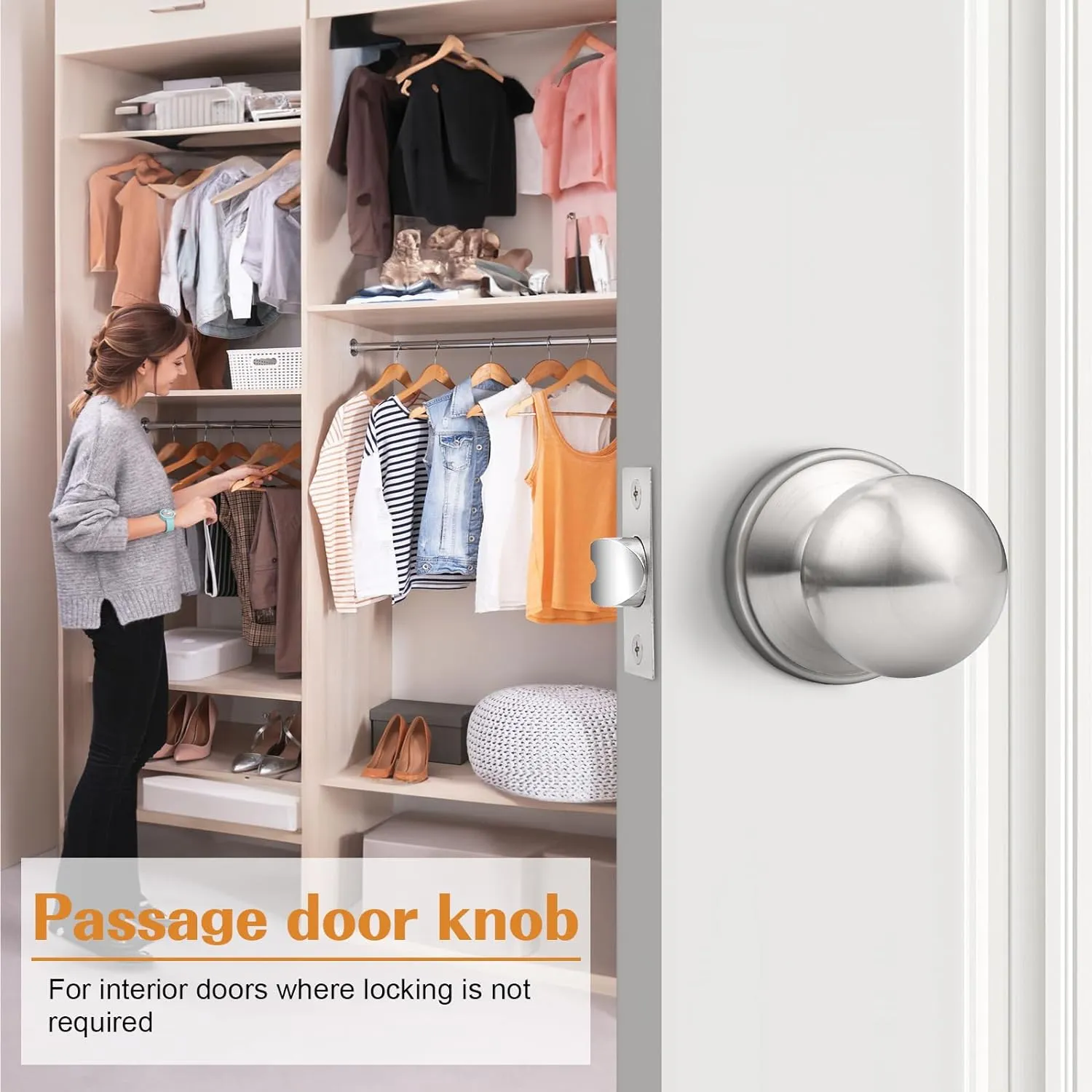Probrico Interior Passage Door Knobs, Brushed Nickel Door Knob for Closet and Hallway Doors, Non-Locking Door Knobs 5 Pack