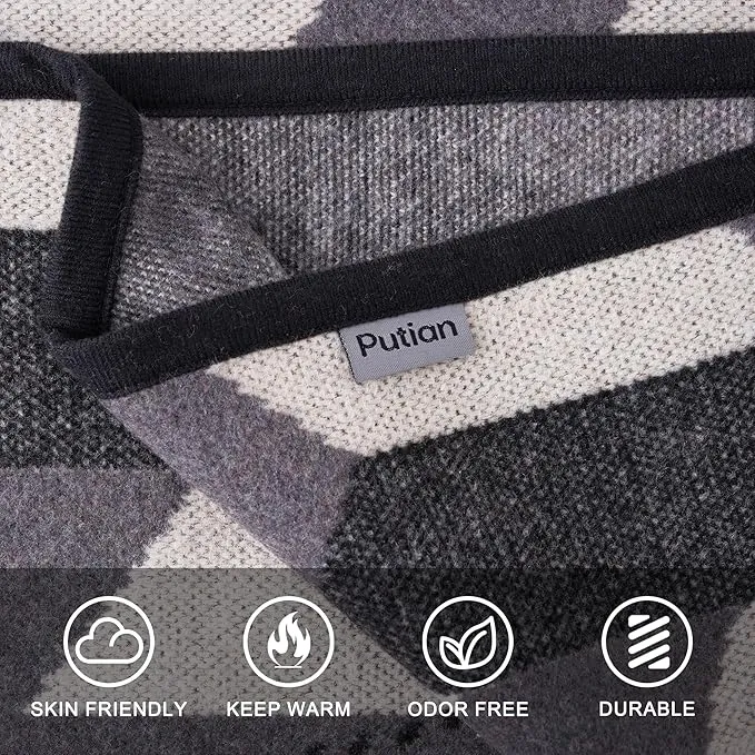 PuTian Merino Wool Blanket - Large Warm Soft Washable Camp Blanket Throw for Bed Couch Camping Outdoor Travel Emergency, Grey Geometry