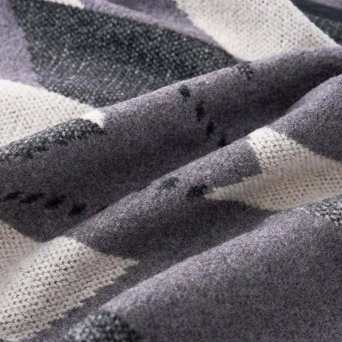 PuTian Merino Wool Blanket - Large Warm Soft Washable Camp Blanket Throw for Bed Couch Camping Outdoor Travel Emergency, Grey Geometry