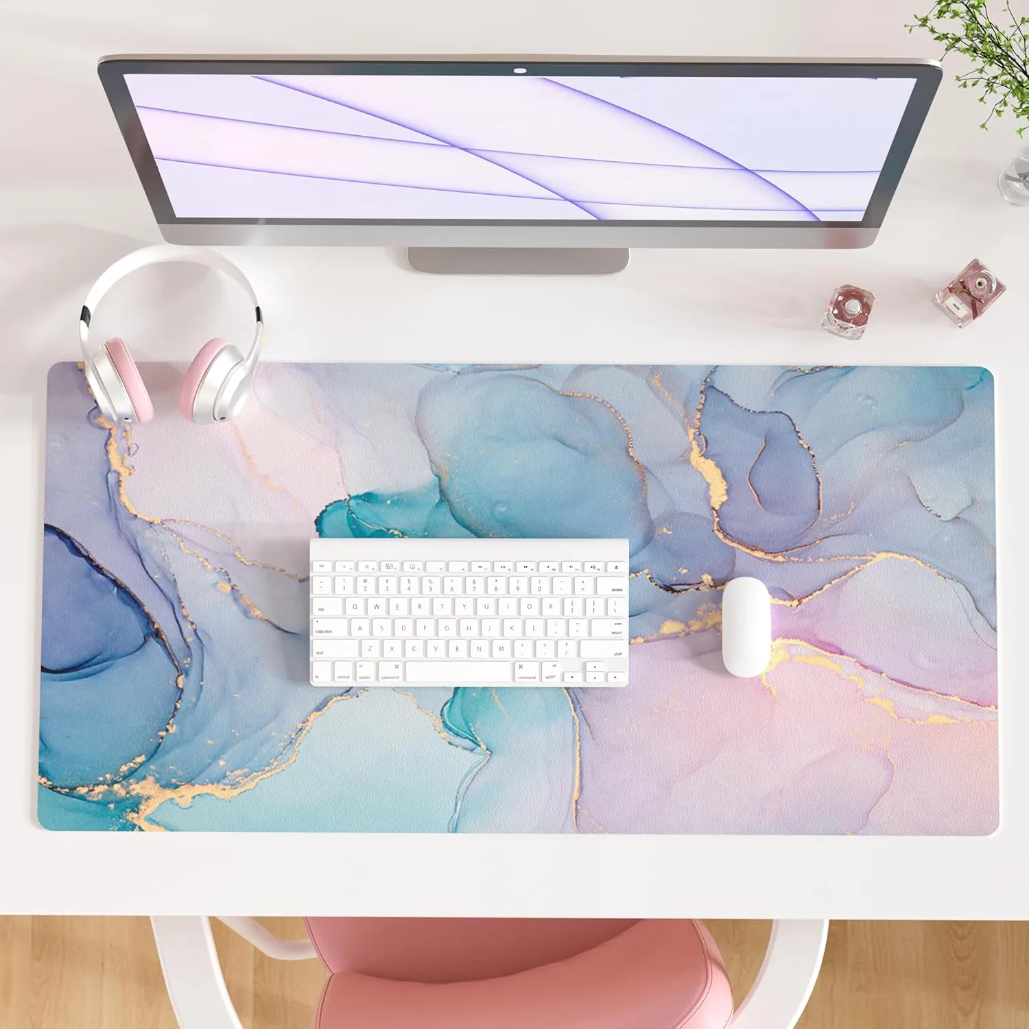 QIYI Large Mouse Pad, PU Leather Desk Mat for Desktop, Waterproof Gaming Desk Pad, Marble Full Desk Accessories Keyboard Mousepad, Abstract Art Home Office Décor 31.5" x 15.7" - Blue Pink Fluid