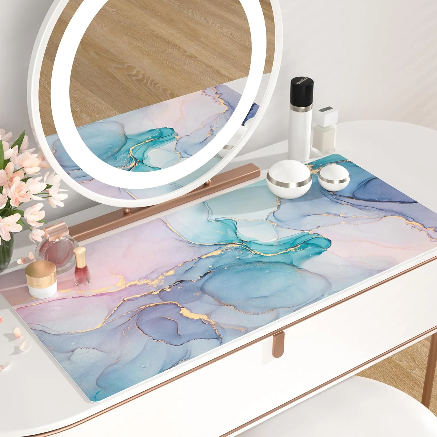 QIYI Large Mouse Pad, PU Leather Desk Mat for Desktop, Waterproof Gaming Desk Pad, Marble Full Desk Accessories Keyboard Mousepad, Abstract Art Home Office Décor 31.5" x 15.7" - Blue Pink Fluid