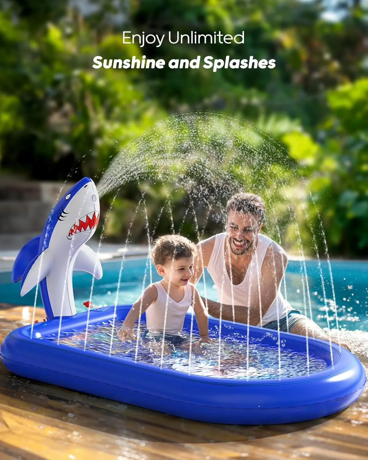 QPAU Splash Pads for Toddlers 1-3, Dark Blue Shark Splash Pad for Kids, Outdoor Play Mat for Babies, Inflatable Sprinkler Pool for Birthday Girl Gifts 1 Year Old Girl