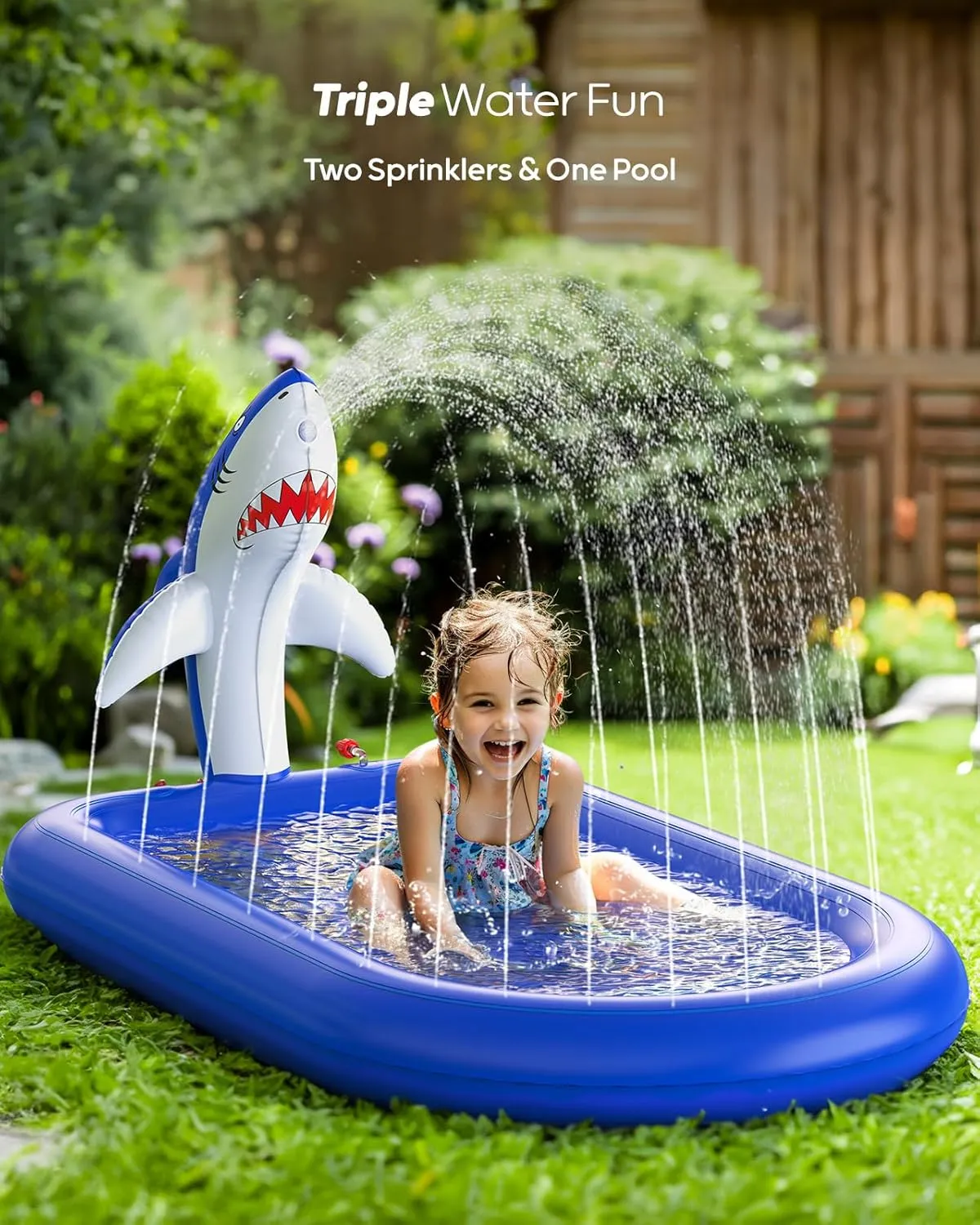 QPAU Splash Pads for Toddlers 1-3, Dark Blue Shark Splash Pad for Kids, Outdoor Play Mat for Babies, Inflatable Sprinkler Pool for Birthday Girl Gifts 1 Year Old Girl
