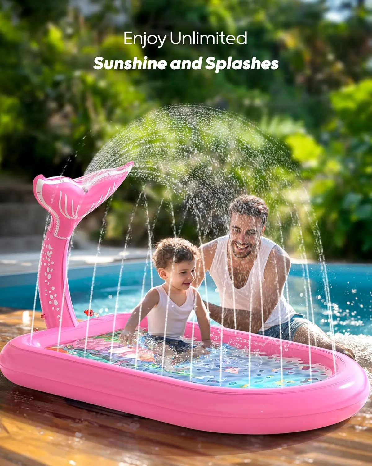 QPAU Splash Pads for Toddlers 1-3, Pink Mermaid Toy Splash Pad for Kids, Outdoor Play Mat for Babies, Inflatable Pool for Birthday Girl Gifts 1 Year Old Girl