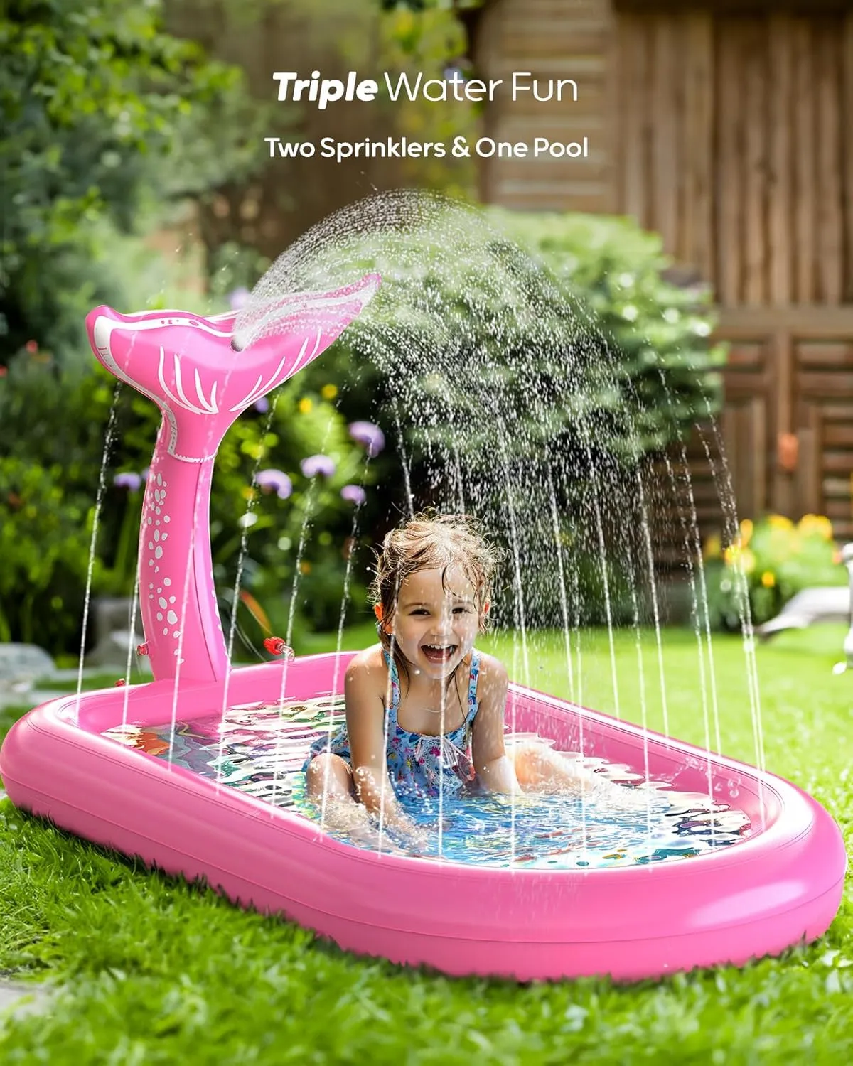 QPAU Splash Pads for Toddlers 1-3, Pink Mermaid Toy Splash Pad for Kids, Outdoor Play Mat for Babies, Inflatable Pool for Birthday Girl Gifts 1 Year Old Girl