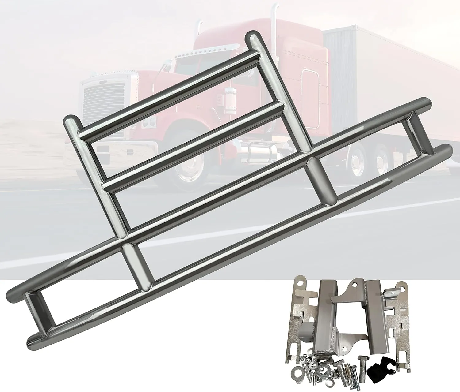 QSC Truck Parts Large Heavy Duty Polished 304 Stainless Steel Deer Guard w/Bracket compatible with Kenworth T680 13-21   Steel License Plate Holder