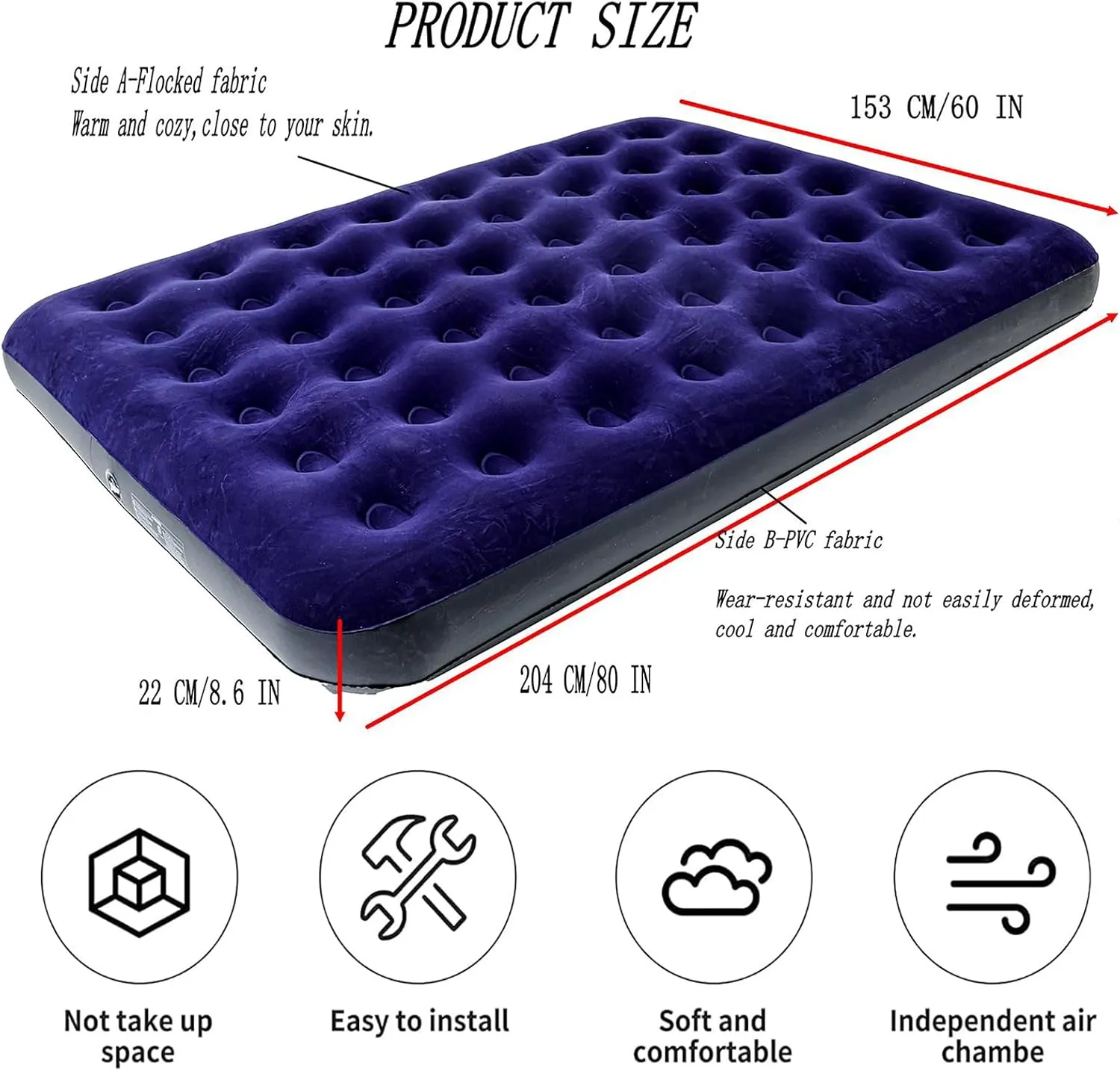 Queen Size Double Camping Air Mattress Bed with Air Pump,Inflatable Mattress,80"x 60"Thickened Portable Blow Up Air Mattress,Travel Sleeping Bed Pad for Camping Home Hiking