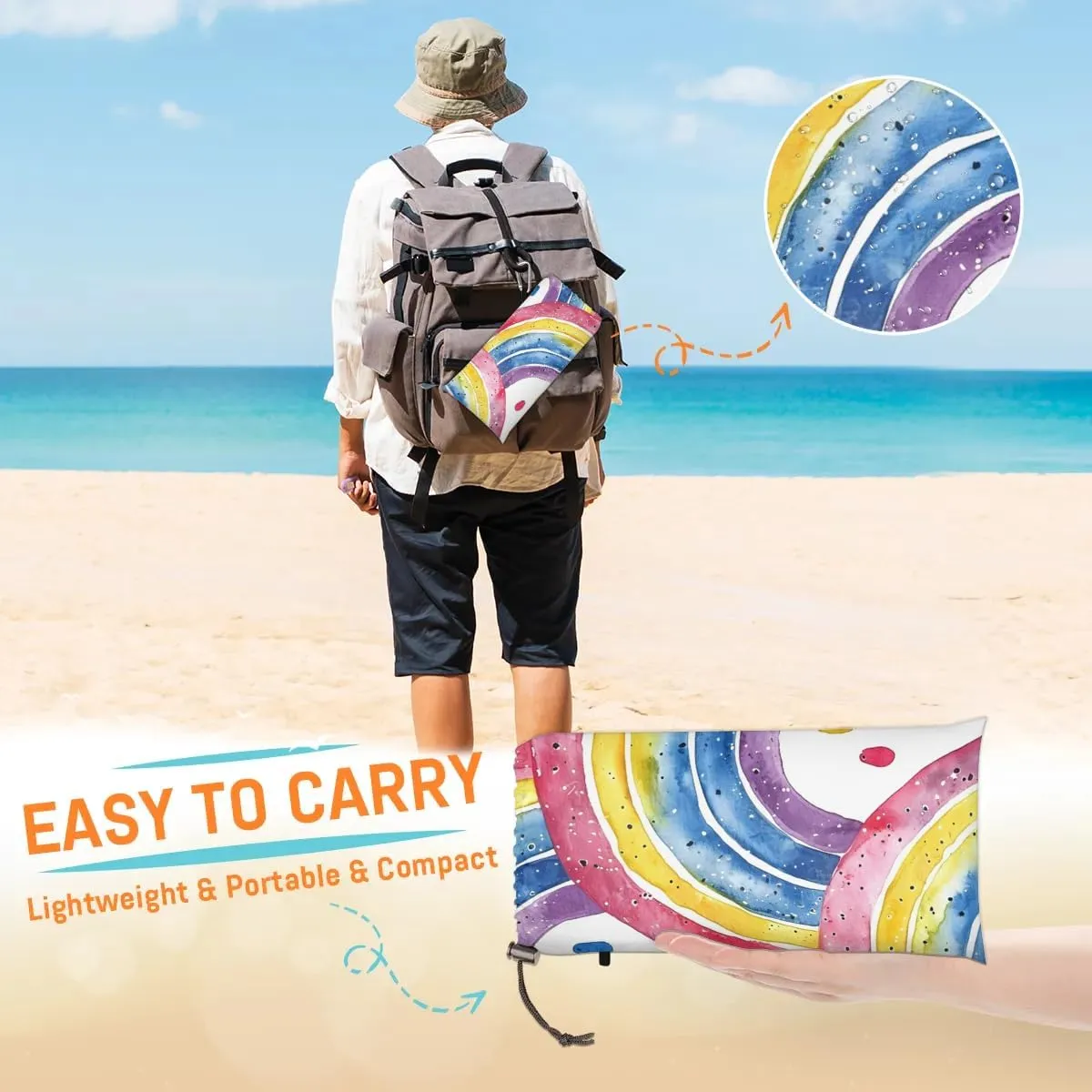 Rainbow Beach Blanket, Sandproof Beach Mat, 68 x 59 Waterproof Quick Drying Sand Free Mat with 4 x Ground Spikes for Outdoor Travel Camping Hiking, Colorful Rainbow