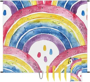 Rainbow Beach Blanket, Sandproof Beach Mat, 68 x 59 Waterproof Quick Drying Sand Free Mat with 4 x Ground Spikes for Outdoor Travel Camping Hiking, Colorful Rainbow