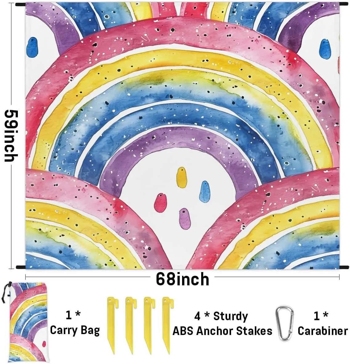 Rainbow Beach Blanket, Sandproof Beach Mat, 68 x 59 Waterproof Quick Drying Sand Free Mat with 4 x Ground Spikes for Outdoor Travel Camping Hiking, Colorful Rainbow