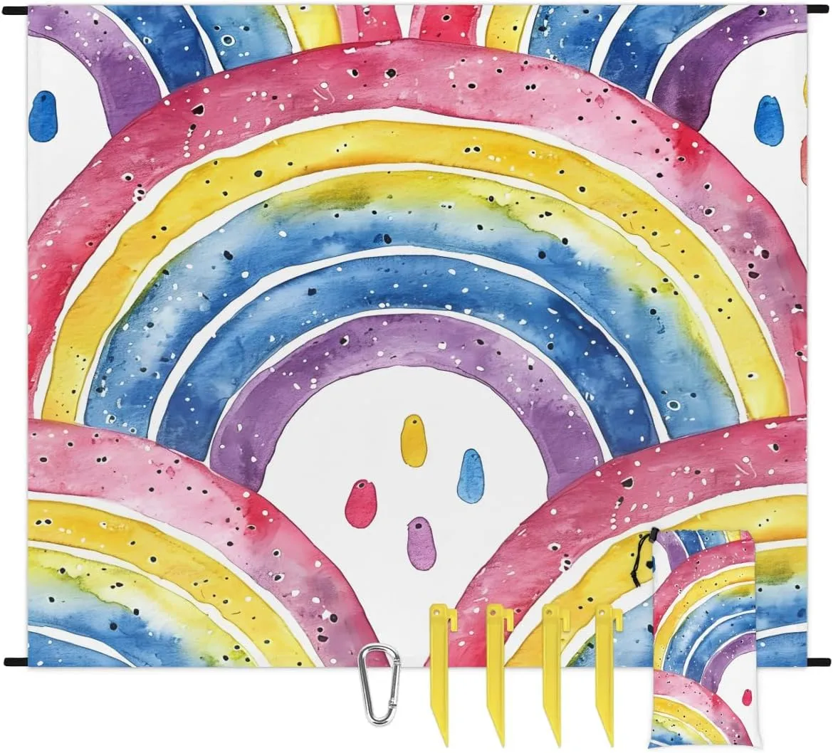 Rainbow Beach Blanket, Sandproof Beach Mat, 68 x 59 Waterproof Quick Drying Sand Free Mat with 4 x Ground Spikes for Outdoor Travel Camping Hiking, Colorful Rainbow
