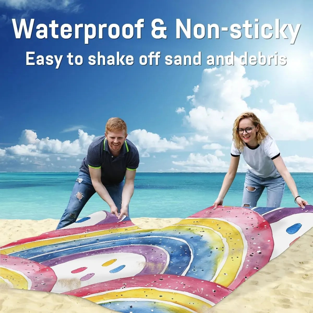 Rainbow Beach Blanket, Sandproof Beach Mat, 68 x 59 Waterproof Quick Drying Sand Free Mat with 4 x Ground Spikes for Outdoor Travel Camping Hiking, Colorful Rainbow