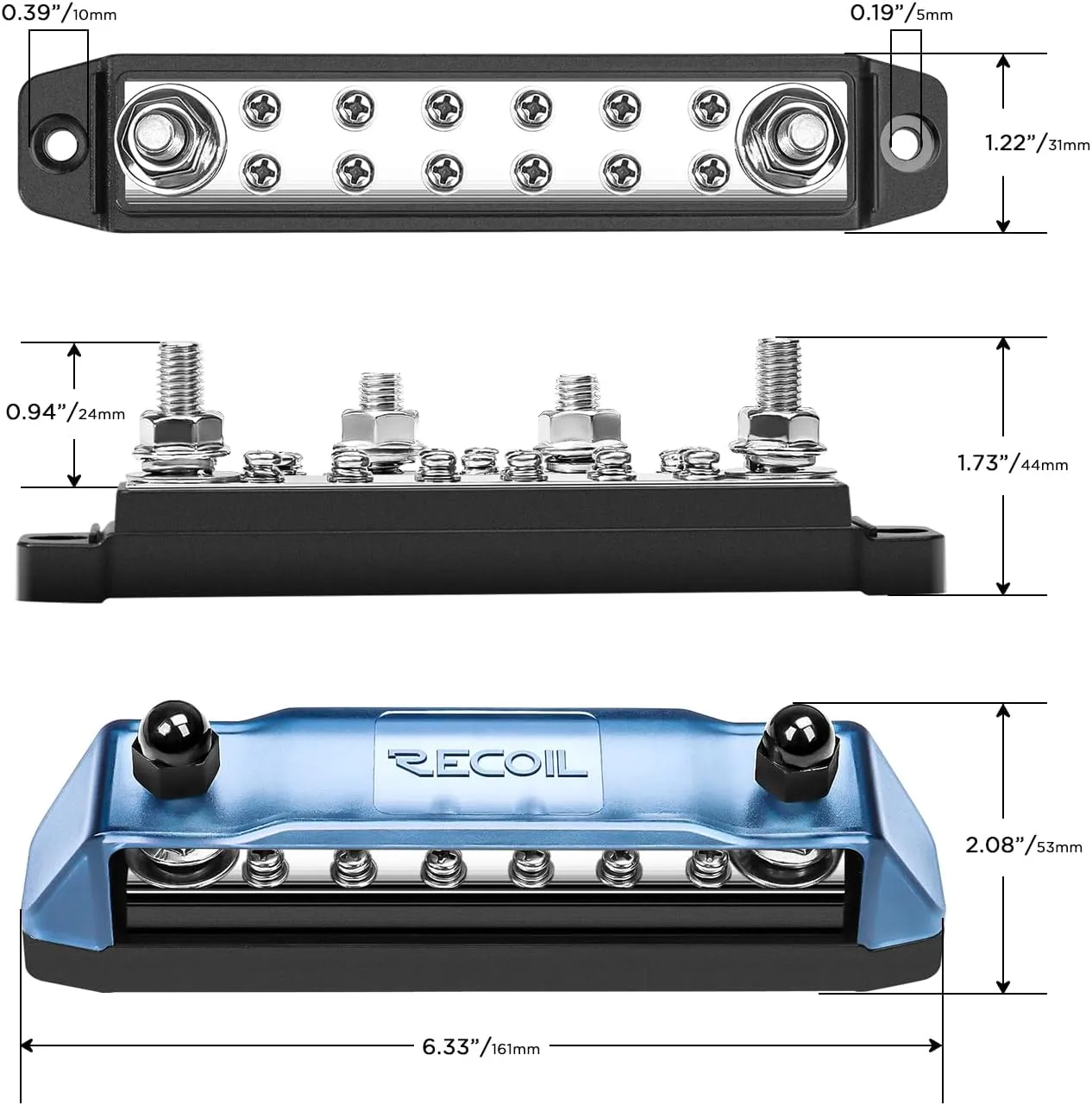 Recoil BB212P Power Distribution Block 12V 150A Dual 5/16” Studs Bus Bar Terminals Busbar for Boat Automotive Solar Wiring