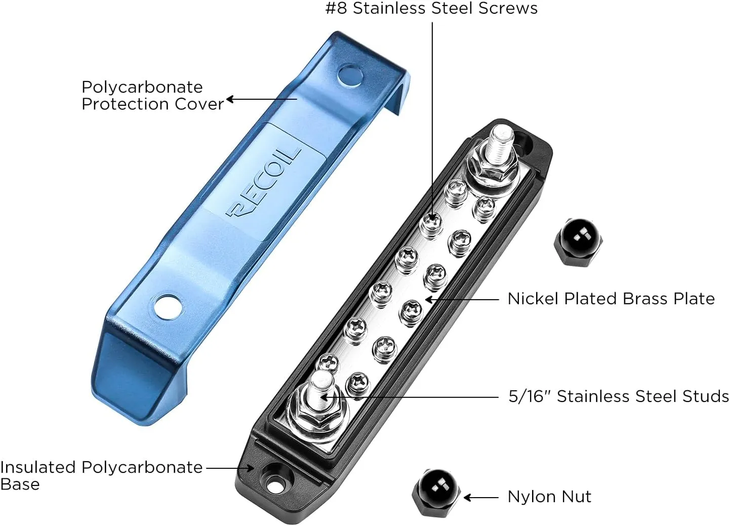 Recoil BB212P Power Distribution Block 12V 150A Dual 5/16” Studs Bus Bar Terminals Busbar for Boat Automotive Solar Wiring