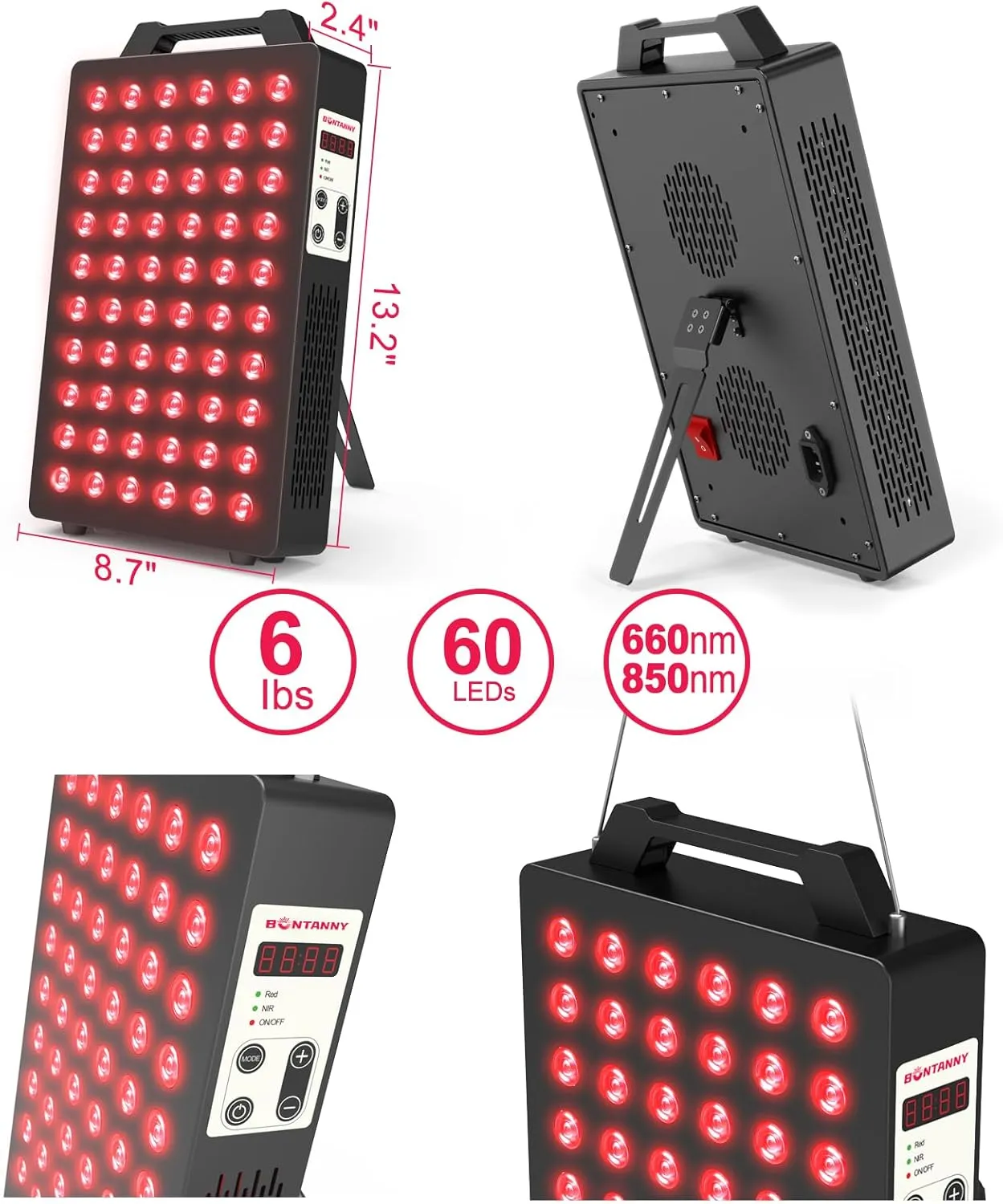 Red Light Therapy, 660nm 850nm 2-Wavelength Red Near Infrared Light Device with 60 Dual Chip Clinical Grade LEDs, Remote Control, Timer for Face, Body, Skin, Pain Relief, BO-300 (Black)