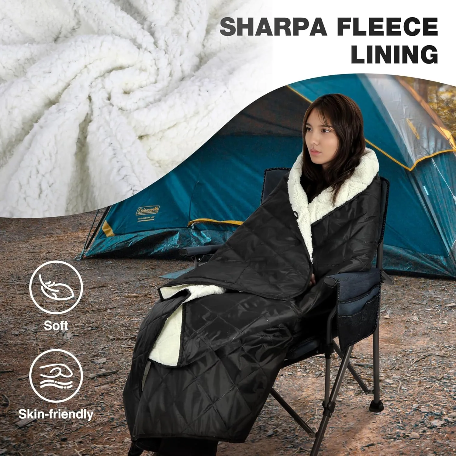 REDCAMP Large Warm Camping Blanket with Sherpa Lining, Cold Weather Warm Outdoor Blanket Waterproof and Windproof for Camping Stadium, Machine Washable 59"x79" White