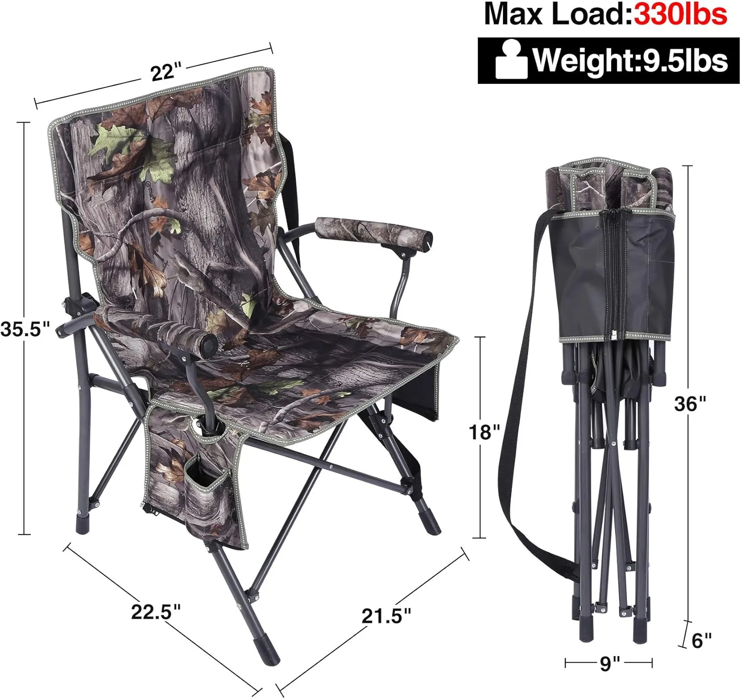 REDCAMP Oversized Hunting Chairs for Blinds, Portable Folding Camo Camping Chairs for Adults Hunting Seats with Hard Arms for Outside Outdoor, Camouflage