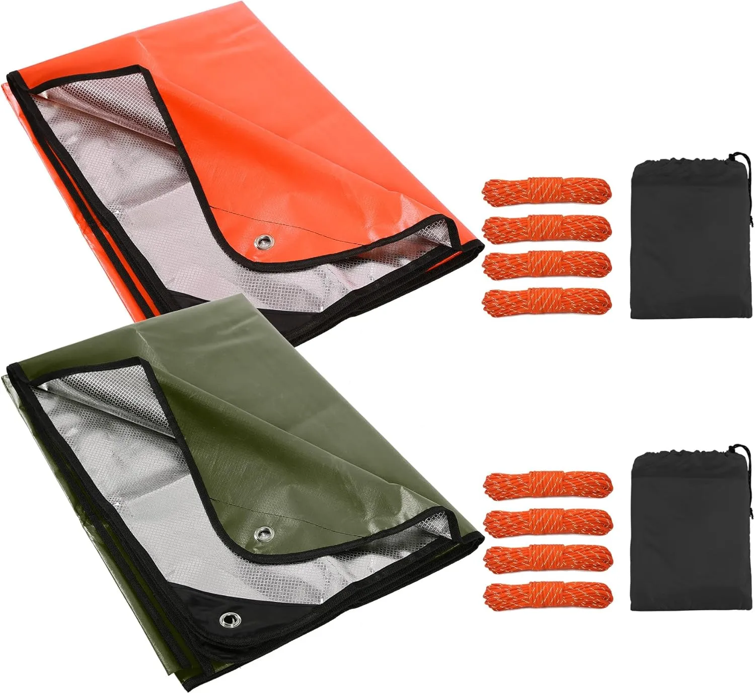 RedSwing 2 Pack Survival Blanket, Waterproof Emergency Thermal Tarp, Multipurpose Reflective Insulated All Weather Blankets for Camping Hiking, Green x 1, Orange x 1