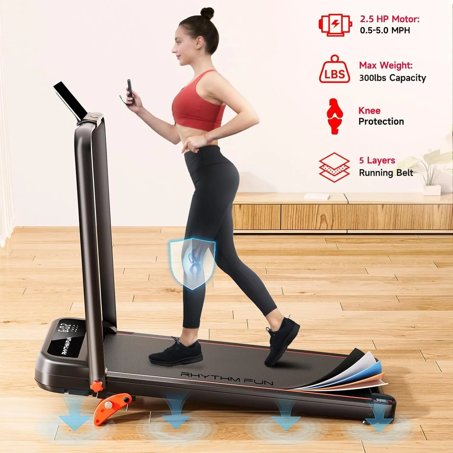 RHYTHM FUN Incline Foldable Treadmill, Walking Pad Treadmill with Incline, 300 lbs Portable Treadmills with Handles for Home Office Use, Under Desk Compact Walking Pad