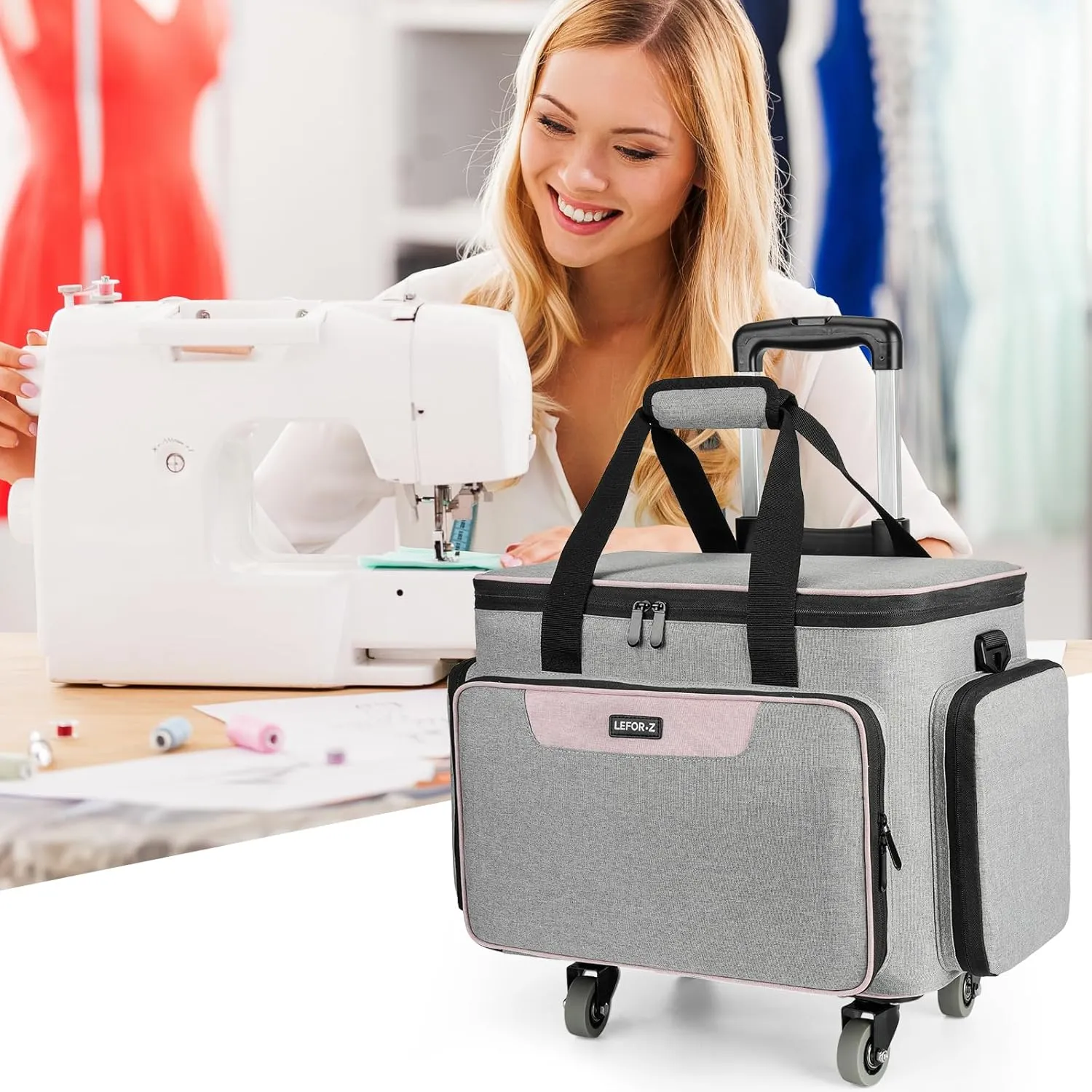 Rolling Sewing Machine Case with 4 Wheels,Sewing Machine Carrying Bag,Trolley Tote Bag Fits for Most Standard Singer,Brother,Janome Sewing Machine and Accessories,Grey
