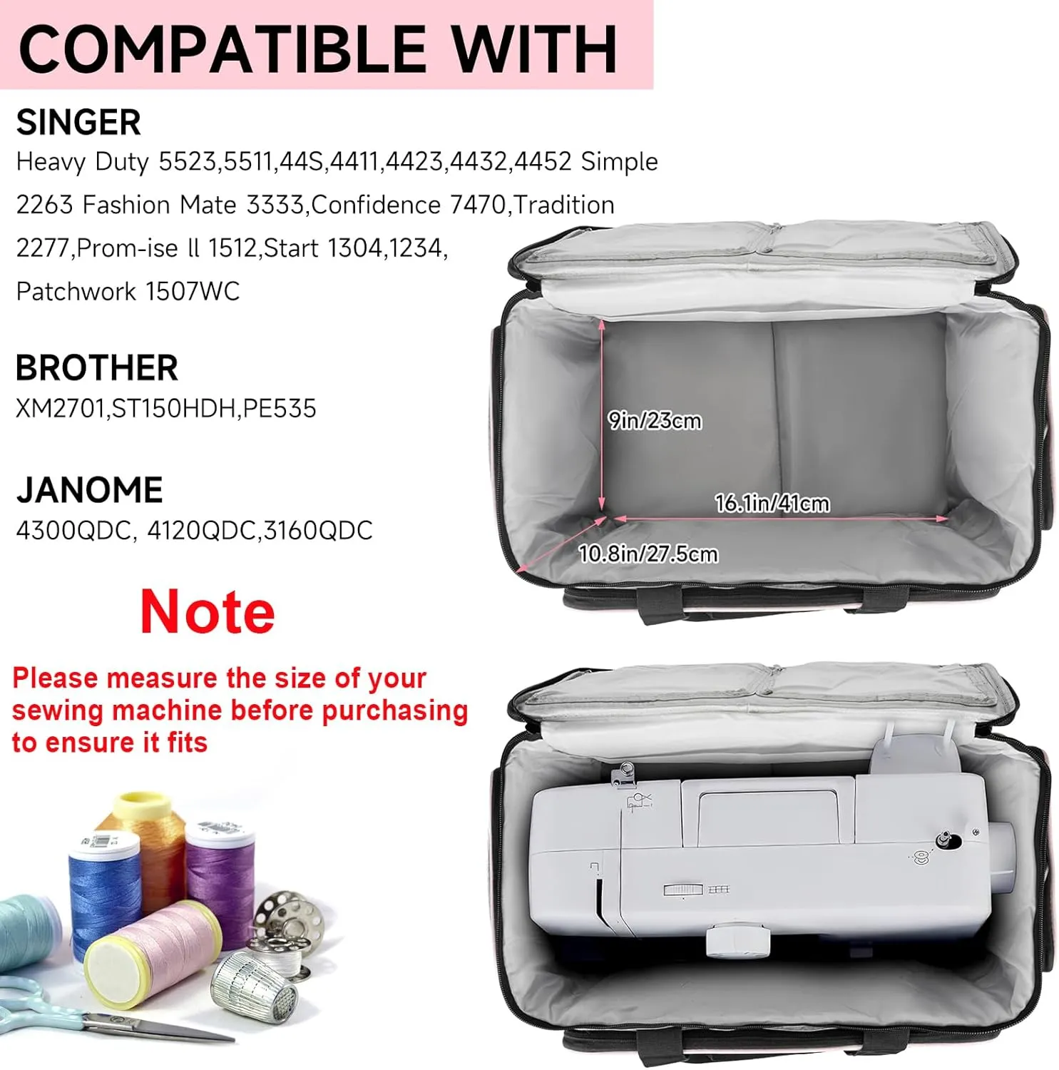 Rolling Sewing Machine Case with 4 Wheels,Sewing Machine Carrying Bag,Trolley Tote Bag Fits for Most Standard Singer,Brother,Janome Sewing Machine and Accessories,Grey