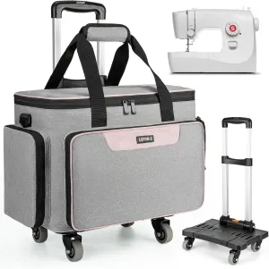 Rolling Sewing Machine Case with 4 Wheels,Sewing Machine Carrying Bag,Trolley Tote Bag Fits for Most Standard Singer,Brother,Janome Sewing Machine and Accessories,Grey