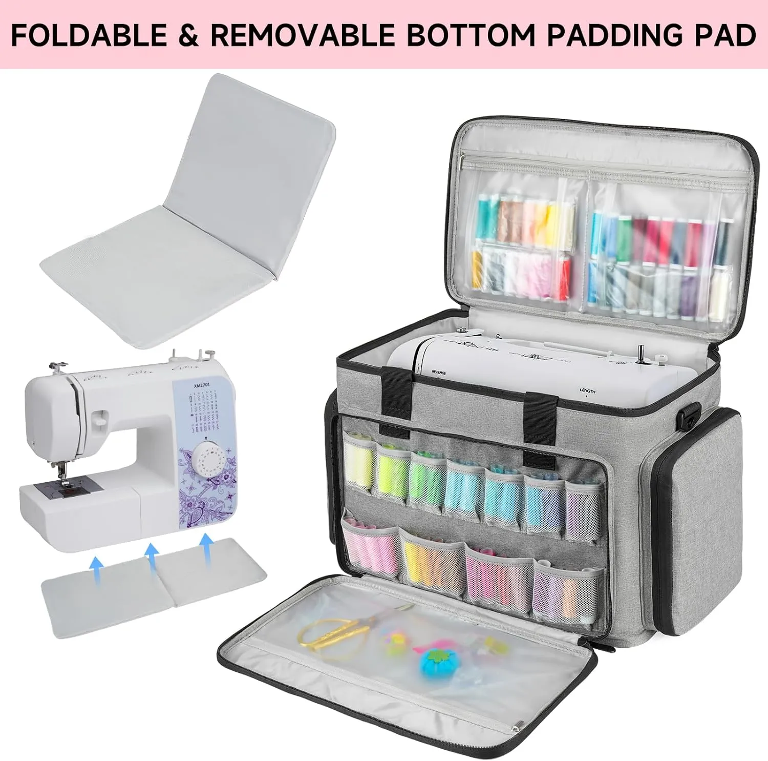 Rolling Sewing Machine Case with 4 Wheels,Sewing Machine Carrying Bag,Trolley Tote Bag Fits for Most Standard Singer,Brother,Janome Sewing Machine and Accessories,Grey