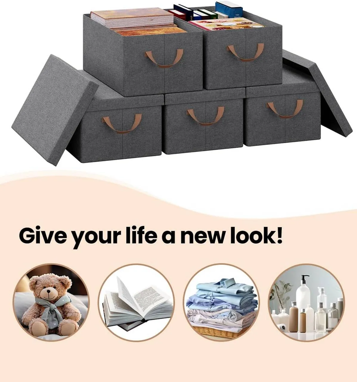 Rootz Set of 5 Storage Baskets - Organizing Bins - Fabric Boxes with Lids - Breathable Material - Foldable Design - 20L/27L/36L/51L - 5x Storage Box
