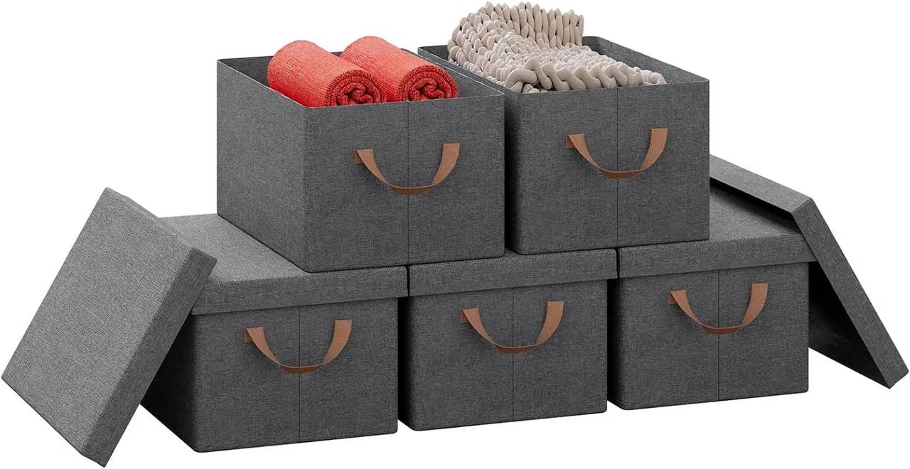 Rootz Set of 5 Storage Baskets - Organizing Bins - Fabric Boxes with Lids - Breathable Material - Foldable Design - 20L/27L/36L/51L - 5x Storage Box