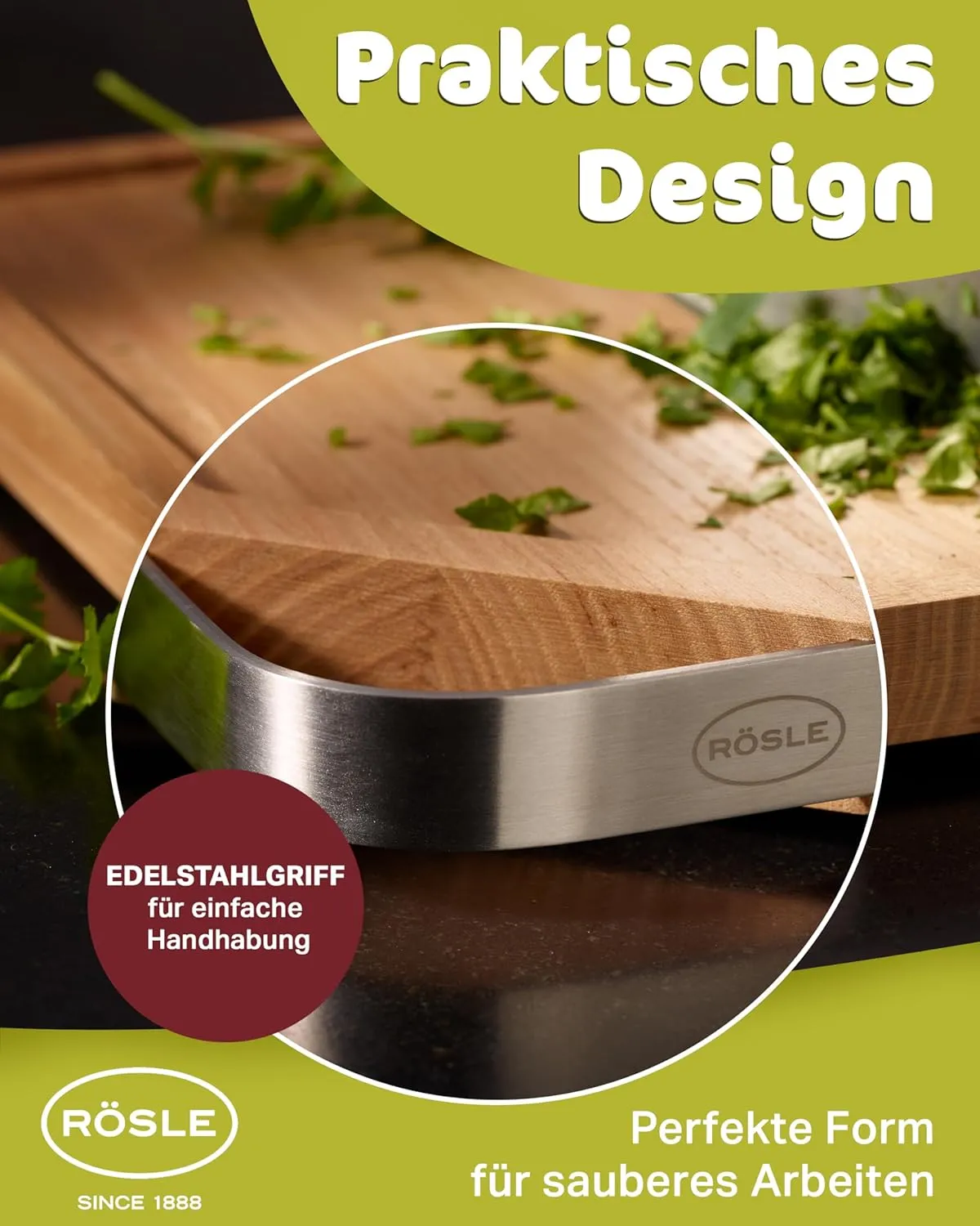 Rosle 15032 Cutting Board with Stainless Steel Handle, Wood, Natural, 36 x 24 x 2.5 cm