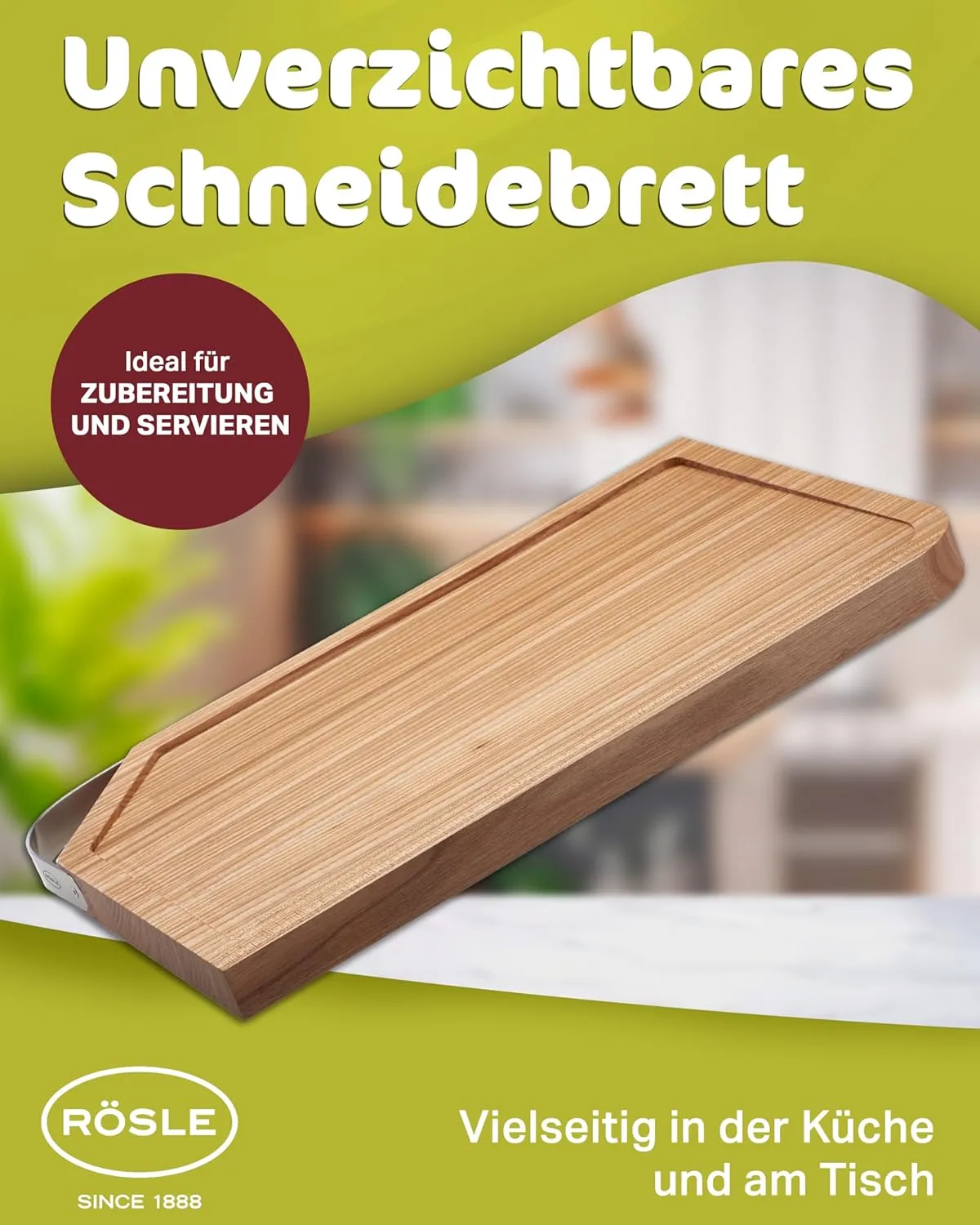 Rosle 15032 Cutting Board with Stainless Steel Handle, Wood, Natural, 36 x 24 x 2.5 cm